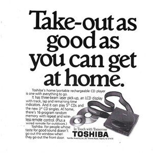 Toshiba In Touch with Tomorrow Rechargeable CD player 1980s Vintage Print Ad